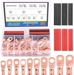 Glarks 100Pcs Copper Wire Lugs with Heat Shrink Set, 50Pcs UL Listed Battery Cable Closed Ends Bare Copper Eyelets Tubular Ring Terminal Connectors with 50Pcs Heat Shrink Tubing Black, Red