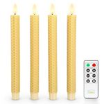 Fanna 4 Honeycomb Real Wax Flameless Taper Candles in Yellow with Remote for Home Decor, Battery Operated Hive Led Dinner Candlesticks with Timer for Autumn and Harvest, Batteries Included - H9.65