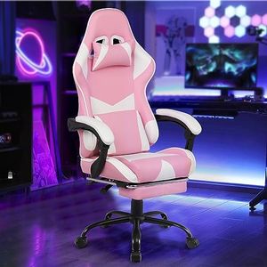 Ufurniture PU Leather Gaming Chair Computer Racing Chair Ergonomic Executive Office Chair with Footrest for Adults Teens Pink