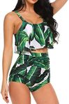 ADOME Swimsuits for Women Bikini Swimsuit 2 PCs High Waist Floral Swimwear with Tummy Control Green, L