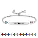 INBLUE Custom Name Bar Bracelet with Birthstone for Women Stainless Steel Adjustable Personalized ID Coordinate Engraved Bracelet Anniversary Customized Gift for Mom Girlfriend Sister - Silver