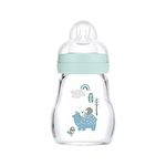 MAM Feel Good Glass Baby Bottle (170 ml), Milk Bottle with Wide Opening, Sturdy Baby Drinking Bottle with Teat Size 1, from Birth, Bear/Hedgehog