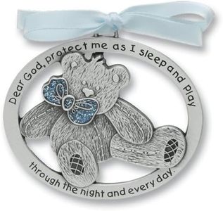 Sweet Teddy Bear Crib Medal for Baby Boy Crib Medal with Verse 2-1/2 Pewter Finish - Christening/Shower Gift/Baptism Keepsake/with Blue Ribbon- Infant - Newborn