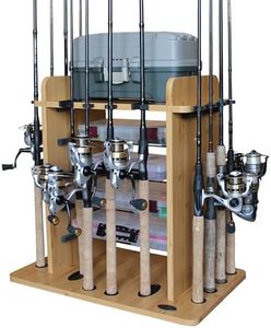 Rush Creek Creations 14 Fishing Rod Rack with 4 Utility Box Storage Capacity - Fishing Pole, Tackle Box, and Equipment Holder, Wood Grain Laminate (38-2002)