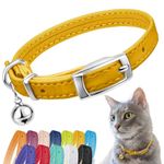 CollarDirect Leather Cat Collar, Cat Safety Collar with Elastic Strap, Kitten Collar for Cat with Bell Black Blue Red Orange Lime Green (Neck Fit 9"-11", Yellow)