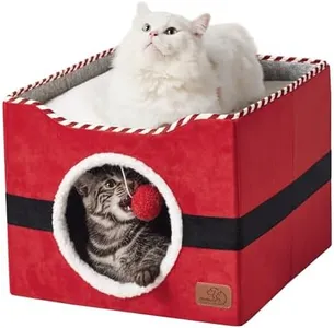 Bedsure Christmas Cat Beds for Indoor Cats - Large Cat Cave for Pet, Cat House with Fluffy Ball Hanging, Foldable Santa Cat Hideaway,16.5x16.5x13 inches, Christmas Red