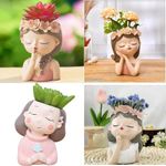 Vikarafty Cute Beautiful Combo Pack of 4 Girls Succulent Planter Pots Resin Creative Flowerpot Plant Pot Planter Container for Home Garden Office Desktop Decoration Multi (Pack of 4)