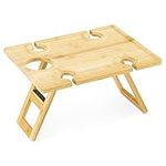 Navaris Portable Wine Picnic Table - Foldable Table with Bottle and Glass Holder - Small Bamboo Outdoor Beach Tray for Adults - Holds 4 Wine Glasses