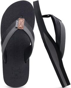 KuaiLu Men's Yoga Mat Leather Flip Flops Thong Sandals with Arch Support Black Grey Size 7