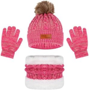 YSHIGUING Winter Hats Gloves and Scarf Sets for Kids, Thermal Knit Crochet Thick Fluffy Toddler Cap Pom Bobble Neck Warmer Girls Hat Scarf and Gloves Set for Children Outdoor Sports (Rose red)