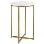 Walker Edison Cora Modern Faux Marble Round Accent Table with X Base, 16 Inch, Marble and Gold