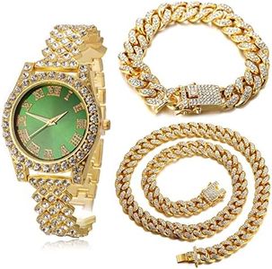 HALUKAKAH Diamants Montre en Or,Femme Or Véritable 18K Plated 36MM Largeur Vert Cadran Quartz 20cm avec Chaîne Cubains 18+40cm Bracelet Collier,Boîte Cadeau Gratuite