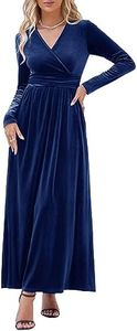 OUGES Womens Long Sleeve Wrap V Neck Velvet Dress Wedding Guest Maxi Dress(Velvet Navy,S)
