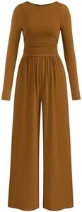 PRETTYGARDEN One Piece Jumpsuits for Women Dressy Casual Long Sleeve Crewneck Wide Leg jumpers Rompers Fall Outfits 2025 (Brown Yellow, XXL)