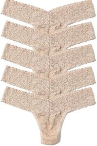 hanky panky - Signature Lace Low Rise Thongs for Women | One Size (4-14) | Lacy Cotton Thongs, Womens Underwear, Everyday Comfortable Lingerie Panties | Chai 5 Pack