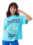 The Souled Store Disney: Sweet Disaster Womens Oversized Fit Graphic Printed Half Sleeve Cotton Blue Women Oversized T-Shirts Women Oversized T-Shirts Fashionable Trendy Graphic Prints Pop Culture