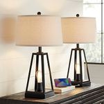 Kacey Industrial Farmhouse Table Lamps 25.25" High Set of 2 with USB Charging Port Nightlight LED Open Column Dark Metal Oatmeal Fabric Drum Shade for Living Room Bedroom - Franklin Iron Works