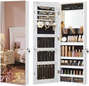 SONGMICS Mirror Jewelry Cabinet Armoire Organizer, Wall or Door Mount Storage Cabinet with Full-Length Frameless Lighted Mirror, Built-in Makeup Mirror, 2 Drawers, Christmas Gifts, White UJJC013W01