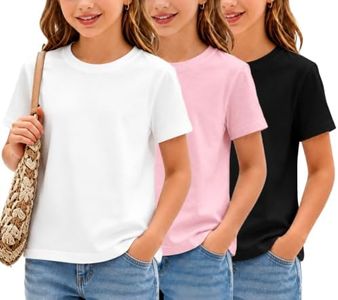 Yitoco 3 Pack Girls Short Sleeve T Shirts Kids Casual Crewneck Short Sleeve Summer Basic Tee Tops 5-16 Years (White/Black/Pink, 13-14 Years, YOSH01-W/B/Pk+3-160)