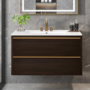 DWVO 32 Inch Bathroom Floating Vanity with Sink Combo, Wall Mount Bathroom Vanity Sintered Stone Countertop & Integrated Sink, Bathroom Cabinet Includes Ceramic Sink with Cabinet, Oak Grey