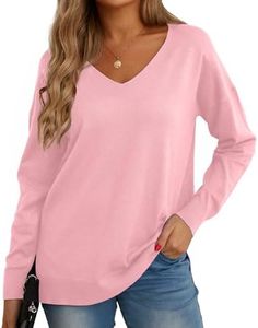 GRECERELLE Women's Jumpers Sweatshirt Ladies Casual Classic Plain Pullover Knit V Neck Long Sleeve Jumper Tops Blouse T-Shirt for Winter Fall Spring, 13 Pink, XL