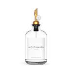 Mouthwash Dispenser for Bathroom - Glass Container (12.7 oz) with Weighted Pour Spout & Bottle Label, perfect Organization Farmhouse Decor WASHEE, Black, White, Gold (MDG1)