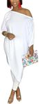 Chatinction Women's Solid Color 2 Piece Outfits Oversized 3/4 Sleeve One Shoulder Top Skinny Pants Clubwear Sweatsuits White S