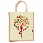 Sangra Multicolor Jute bag for Women and Men Lunch Bag with Zip and Handle (Yoga Fruit)