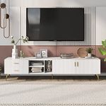 ModernLuxe TV Stand Cabinet for 75-inch TV, 2 Pull-out Drawers, 2 Closed Cabinets and 3 Open Storage Compartments, Lowboards, TV Units for Living Room, Modern Entertainment Center, 180x35x41cm, White