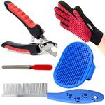 PSK PET MART Dog Grooming Kit - Dog Nail Cutter + Pet Nail Grinder Filer + Pet Bath Brush Grooming Comb with Adjustable Figure + Pet Single Steel Comb + Pet Grooming Glove for Dog 5 in 1