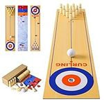 3 in 1 Table Top Shuffleboard Pucks and Bowling Ball and Curling Games, Mini Tabletop Game with 8 Rollers, Portable Tabletop Family Game for Indoor Outdoor