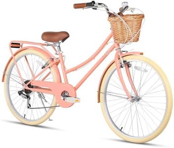 Glerc 26 Inch Beach Cruiser Bike, 6-Speed Hybrid City Bicycle for Girls Youth and Over 6 Years Old, Missy Bike with Wicker Basket & Lightweight, Peach
