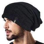 VECRY Men's Cotton Black Beanie - Slouch Skullcap Long Baggy Winter Summer Hat(Size:M)