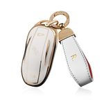 SANRILY for Tesla Model X Key Fob Cover Keyless Full Protection Soft TPU Golden-Edge Smart Key Holder Case with Leather Keychain Beige