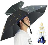 NEW-Vi Umbrella Hat Folding Adjustable Sun Rain Cap, 37.4” UPF 50+ UV Protection Large Hands Free Umbrellas, 7-Ribs Waterproof Headwear for Fishing Gardening Golf Sunshade Outdoor- Plume/Black