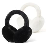 Fsmiling Winter Ear Muffs For Women Fuzzy Earmuffs Adjustable Ear Warmer Foldable,2 Pack,White/Black