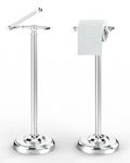WZRUA Toilet Roll Holder Free Standing, Chrome Stainless Steel Toilet Roll Holder Stand, Anti-slip Pedestal Double Post Pivoting Toilet Paper Holder Free-Standing