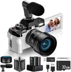 Digital Cameras for Photography with 180° Flip Screen，Vlogging Camera for YouTube 4K 48MP，DSLR Cameras with 32GB TF Card,2 Batteries (White)