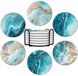 Dooke Coasters for Drinks, Round Absorbent Ceramic Stone Coasters Set of 6 with Cork Base, Funny Drink Coasters with Holder for Cold Drinks Wine Mugs and Cups Tabletop Protection, 4 Inches,Teal Marble