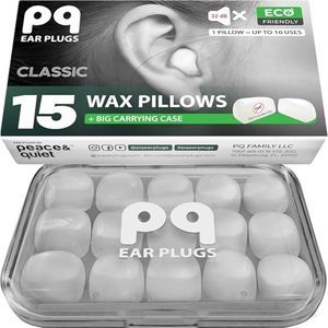 PQ Wax Ear Plugs for Sleeping, Swimming - 15 Soft Noise Cancelling Silicone Gel Wax Earplugs for Sleep and Swimmers, Ear Protection with Sound Blocking Level of 32 Db, (15-Pillows), Color: White