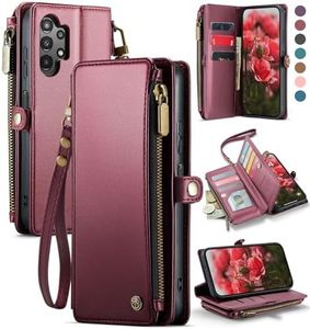 Defencase Compatible with Galaxy A32 5G Case Wallet with RFID Blocking Card Holder for Women Men, PU Leather Magnetic Snap Flip Zipper Strap Wallet Phone Case Fit for Samsung Galaxy A32 5G, Wine Red