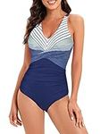 One Piece Bathing Suit for Women Tummy Control Criss Cross Back Swimwear V Neck Swimsuit Navy Blue Stripes 14-16