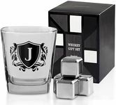 Whisky Gifts for Men, Personalized Initial Whiskey Glass with Whiskey Stones for Dad, Boyfriend, Best Friends, Coworkers, Husband, Brother, Uncle and Boss on Father's Day, Boss Day and Birthday - J