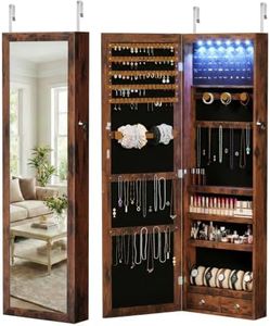 DUMOS Jewelry Armoire Cabinet with Full Length Mirror, 47.2" Wall Mounted or Over the Door Jewelry Organizer with 33 Necklace Hooks, Lockable Large Capacity with Drawers, Rustic Brown