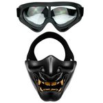 Aoutacc Airsoft Half Face Masks, Evil Demon Monster Kabuki Samurai Hannya Oni Masks and Tactical Goggles Set for Masquerade Ball Party Shooting Halloween Cs War Game (Black)