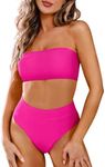 Pink Queen Women's Bandeau High Waist Bikini Set Removable Strap Swimsuit Bathing Suit Bright Pink XL