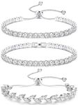 JeweBella 3PCS Tennis Bracelet Silver for Womens Girls Crystal Zirconia Slider Bracelets Adjustable Classic Tennis Bracelets Set Diamond Bracelet Jewellery Gift for Girlfriend,Mother,Wife,Friend