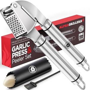 Alpha Grillers Garlic Press Stainless Steel - Professional Garlic Mincer - Garlic Crusher with Silicone Garlic Peeler (Dishwasher Safe)