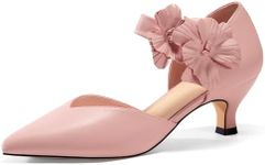 Coutgo Womens Low Kitten Heels Dressy Shoes Comfortable Closed Toe Flower Slip on Formal Party Dance Heeled Pumps, Pink, Size 11