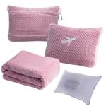 Nenolix 3 in 1 Travel Blanket Pillow Set - 350 GSM Thick Travel Blanket Airplane Compact with Bag, Soft Bag with a Pocket, Inflatable Travel Pillow for Camping & Car Trip (Blush Pink)